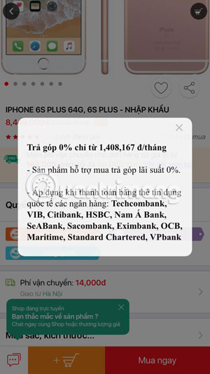 Số tiền phải trả góp mỗi tháng Sendo