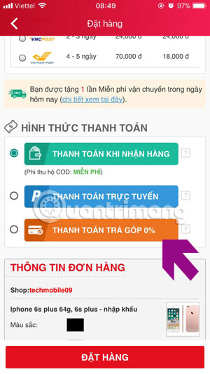 Chọn hình thức thanh toán 0% Sendo