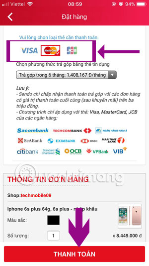 Chọn thẻ thanh toán quốc tế Sendo