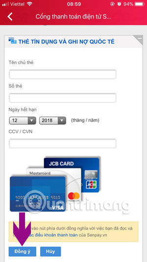 Thông tin thẻ thanh toán quốc tế Sendo