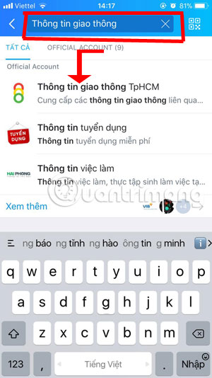 Tìm Thông tin giao thông trên Zalo