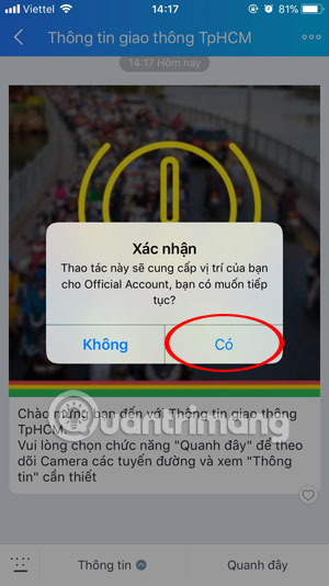 Xác nhận cung cấp vị trí cho Official Account Zalo