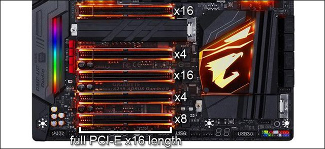 Cổng PCI-E x1 ở phía trên có 1 làn, còn cổng PCI-E x16 ở dưới lại chỉ có 4 làn