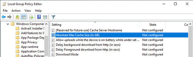 Trong cửa sổ Delivery Optimization, bạn nhìn sang bảng bên phải, tìm và nhấp đúp vào chính sách Absolute Max Cache Size (in GB)