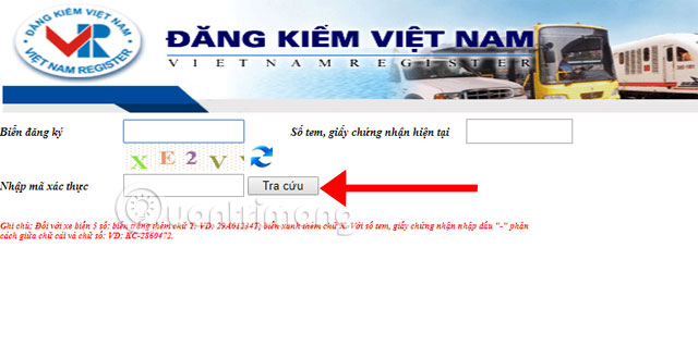 Giao diện chính trang web cục đăng kiểm Việt Nam