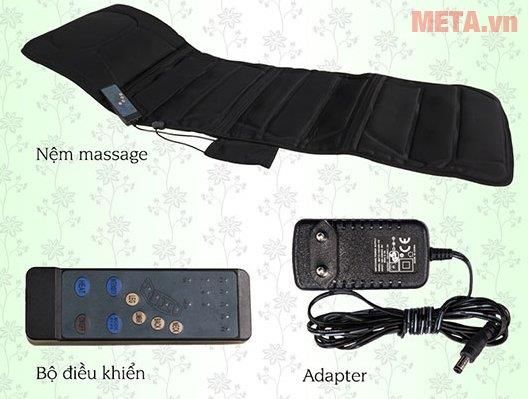 Nệm massage Bella gồm thân nệm, bộ điều khiển và adapter.