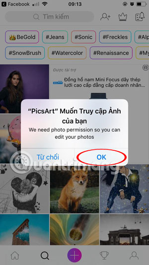 Giao diện đăng nhập PicsArt