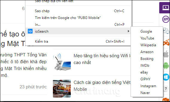 Tìm kiếm menu chuột phải