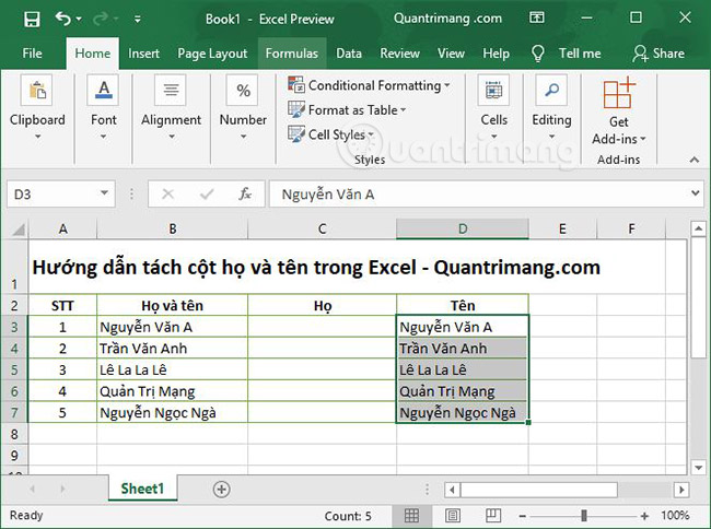 2 cách tách cột Họ và Tên trong Excel