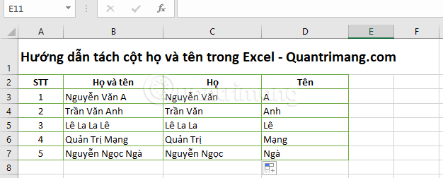 Tách cột họ và tên trong Excel hoàn tất