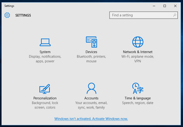  Bạn cũng sẽ nhìn thấy dòng chữ “Windows isn’t activated. Activate Windows now” nằm ở cuối ứng dụng Settings.