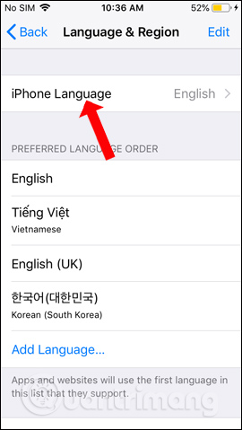 Đổi ngôn ngữ iPhone