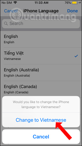 Xác nhận đổi tiếng Việt