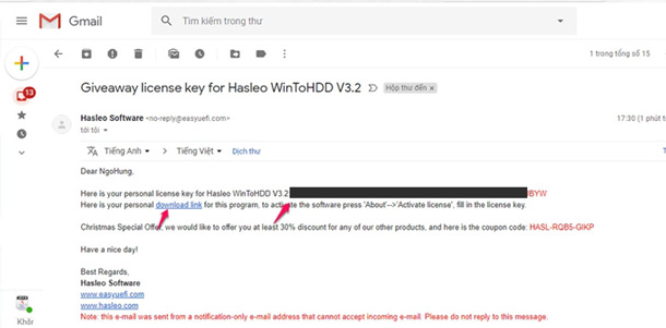 Mở email đã đăng ký