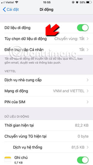 Chọn Tùy chọn dữ liệu di động