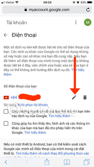 Chỉnh sửa số điện thoại