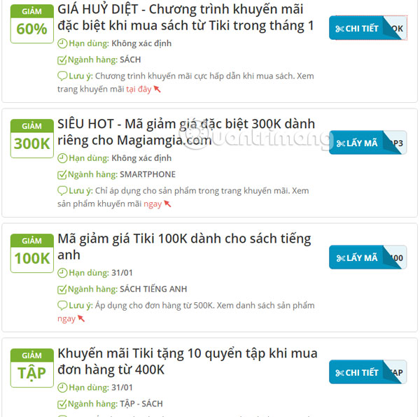 Mã giảm giá trên web Tiki