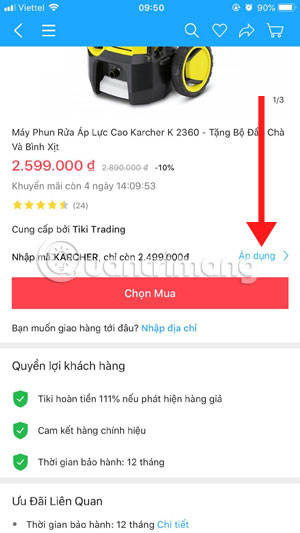 Áp dụng mã giảm giá Tiki