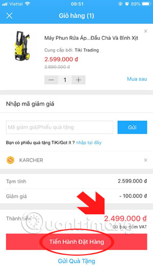 Tiến hành đặt hàng Tiki
