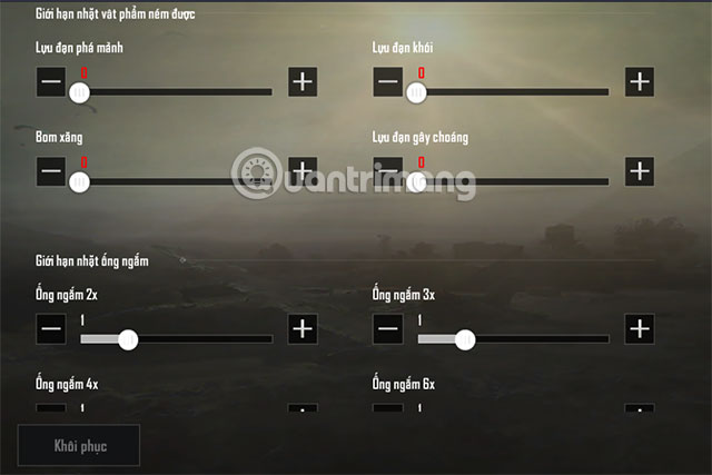 Chọn số lượng lựu đạn và ống ngắm PUBG Mobile