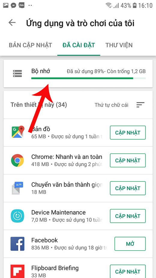 Thông tin về tình trạng bộ nhớ trong của thiết bị