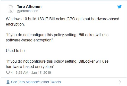 Theo như bài tweet của Tero Alhonen, trước đây nếu SSD của bạn có hỗ trợ mã hóa phần cứng thì Windows 10 sẽ khởi động mặc định ở chế độ đó