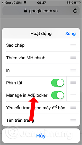 Kích hoạt Manage in Adblocker
