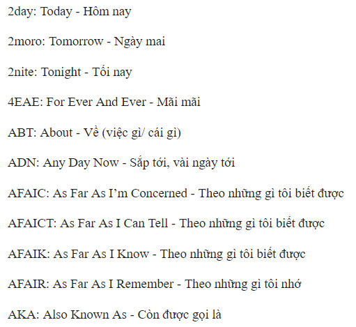 Nghĩa Tiếng Việt của các cụm từ viết tắt