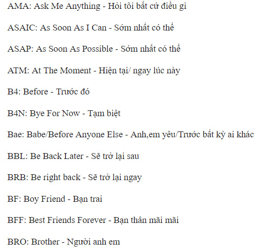 Nghĩa Tiếng Việt của các cụm từ viết tắt 2