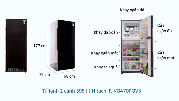 Kích thước Tủ lạnh 2 cánh 395 lít Hitachi R-VG470PGV3