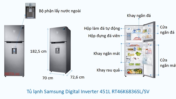 Kích thước Tủ lạnh Samsung Digital Inverter 451L RT46K6836SL/SV