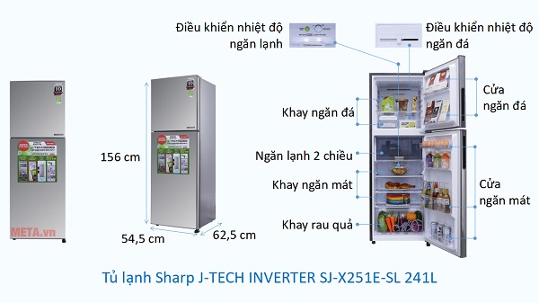 Kích thước Tủ lạnh Sharp J-TECH INVERTER SJ-X251E-SL 241L