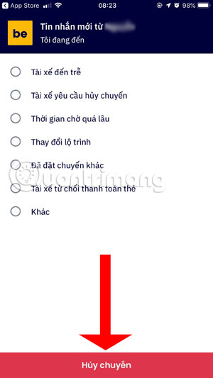 Chọn lý do hủy chuyến
