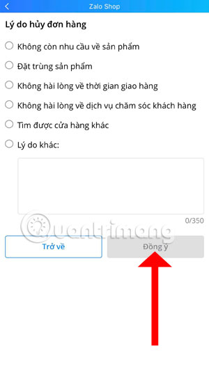 Chọn lý do hủy đơn hàng