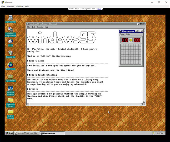 Khi được khởi chạy, ứng dụng sẽ hiển thị môi trường máy tính để bàn Windows 95