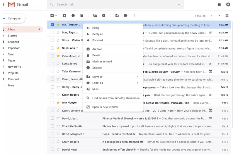 Giao diện kích chuột phải trong Gmail mới