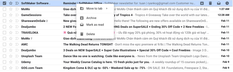 Gmail hiện tại khi kích chuột phải vào mỗi email