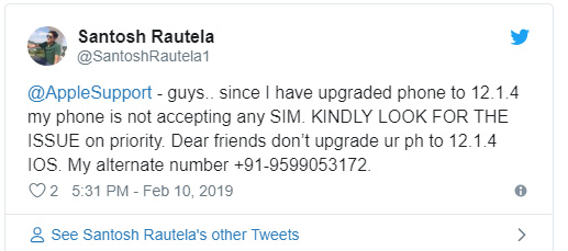 Một tài khoản than phiền về việc iPhone không nhận SIM sau khi nâng cấp lên iOS 12.1.4