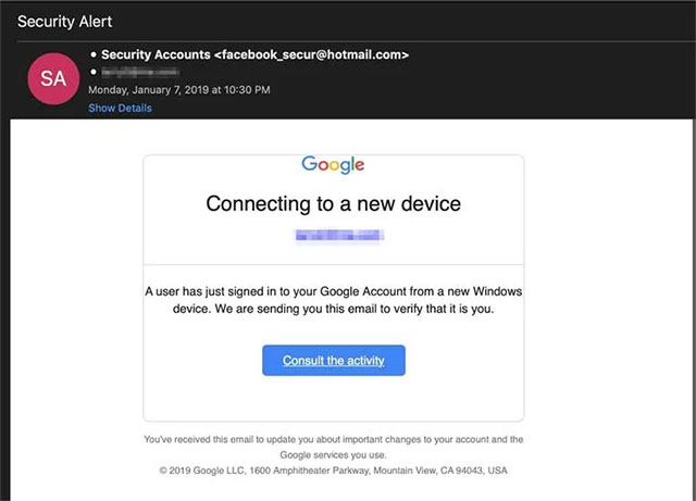 Đầu tiên, những email lừa đảo này sẽ giả dạng là cảnh báo bảo mật (Security Alert) từ Google