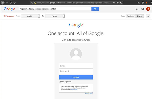 Khi người dùng nhấp vào liên kết, họ sẽ được đưa đến trang Google Dịch mà thực ra là một trang web lừa đảo từ xa núp bóng