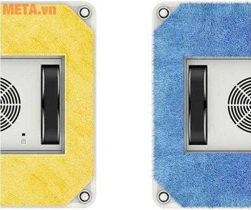 Robot lau kính Mamibot W120 lau khô bằng tấm lau vàng, lau ướt bằng tấm lau xanh.