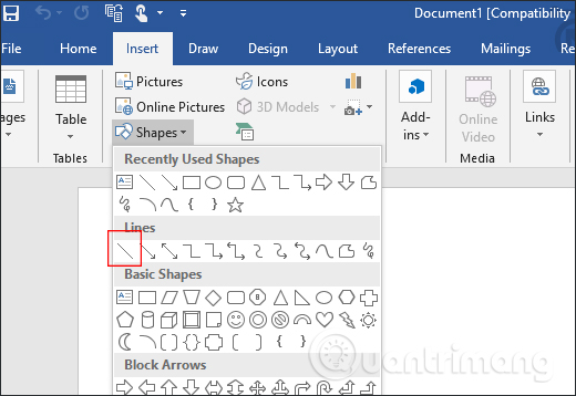 Hướng dẫn vẽ đường thẳng trong Word - Sử dụng công cụ Shapes