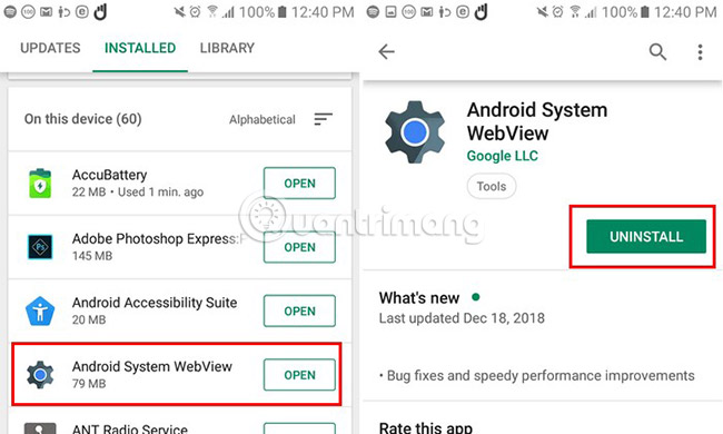 Gỡ cài đặt Android System WebView