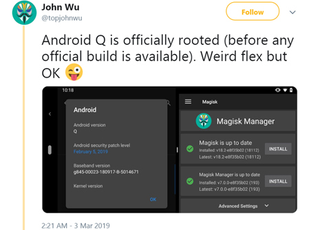 John Wu đã chia sẻ hình ảnh cho thấy công cụ quản lý root Magisk Manager đã có thể chạy trên phiên bản Android chưa ra mắt này của Google