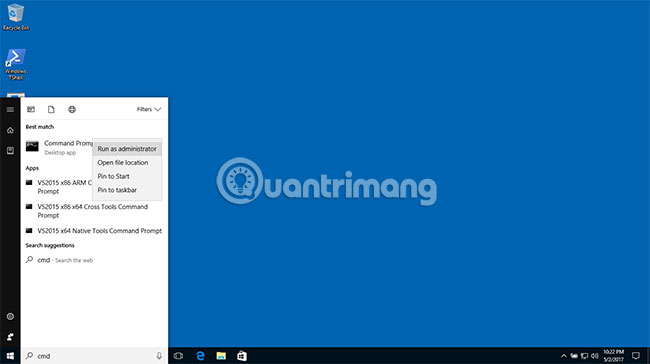 Bắt đầu một Elevated command prompt trong Windows 10