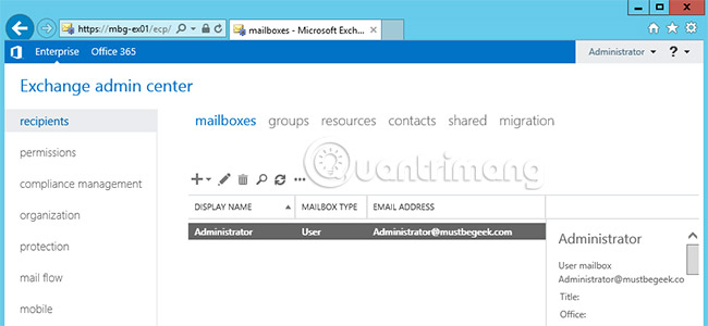 Duyệt qua liên kết https://localhost/ecp trong trình duyệt của chính Exchange Server