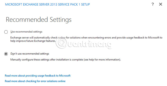 Đừng chọn các cài đặt được đề xuất