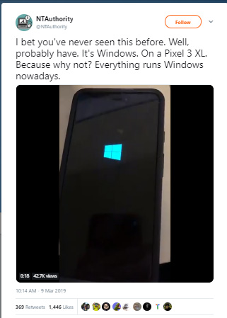 Video cài đặt Windows 10 lên Google Pixel 3XL đã được @NTAuthority chia sẻ trên trang cá nhân Twitter của mình