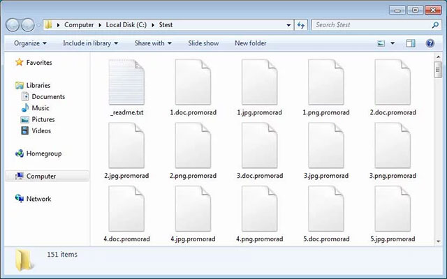 Khi các tệp được mã hóa, nó sẽ nối phần đuôi mở rộng .promorad vào các tệp được mã hóa và tạo ghi chú tiền chuộc có tên _readme.txt