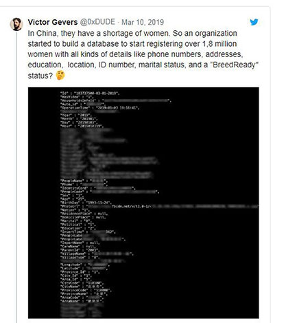 Tại Trung Quốc đang thiếu phụ nữ. Vì vậy, một tổ chức đã bắt đầu xây dựng cơ sở dữ liệu cá nhân của hơn 1.8 triệu người phụ nữ